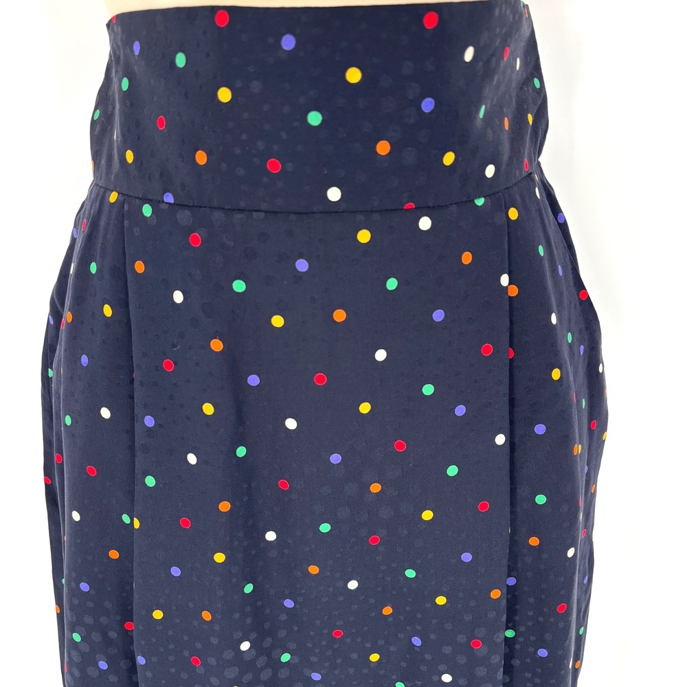 Anne Klein II 100% Silk Polka Dot High Waist Midi Skirt with Back Bow Black Sz 8